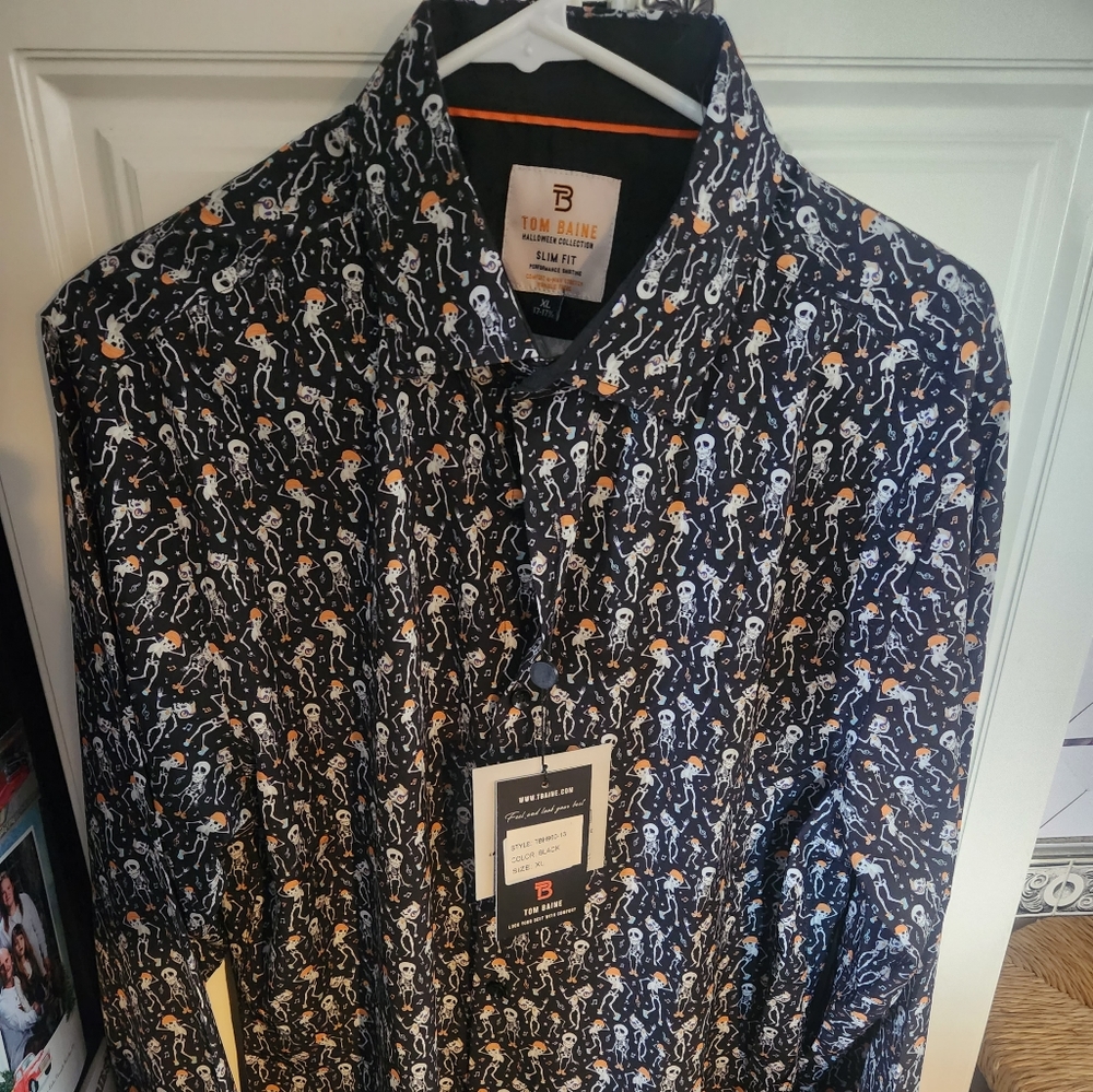 Tom baine mens Halloween skeleton dress shirt